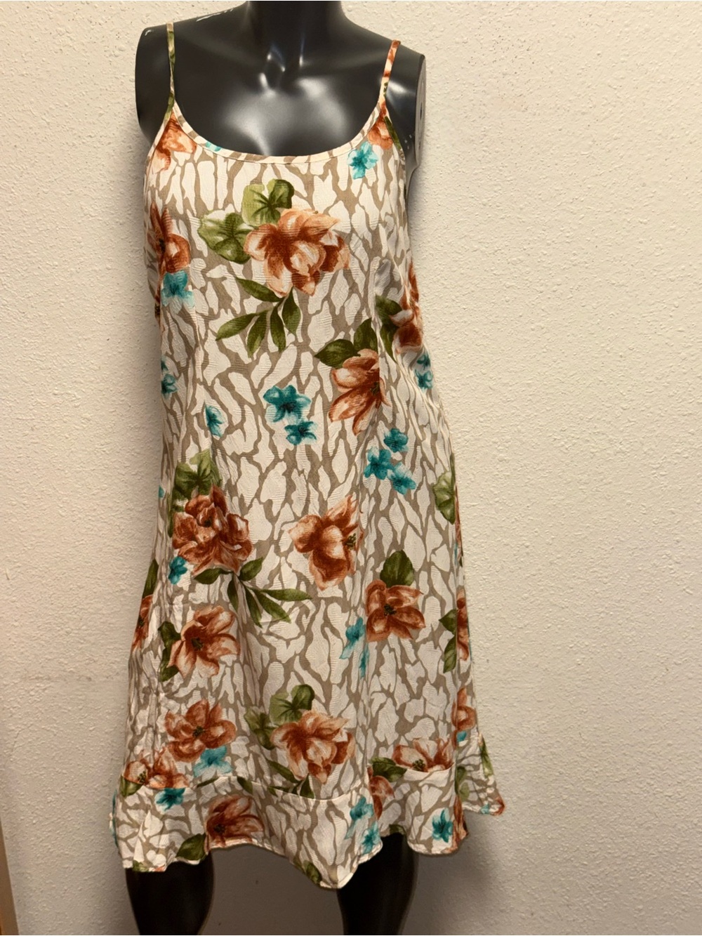 Hilo Hattie Cream Floral Spaghetti-Strap Maxi Dress with Brown and Teal Accents